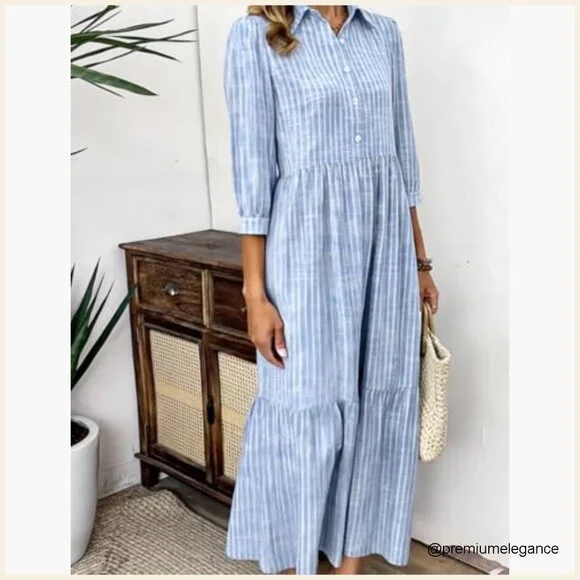 Maxi Dress with Pockets, 3/4 Sleeve, Loose Fit, Tiered Skirt, V-Neck - Picture 2 of 7